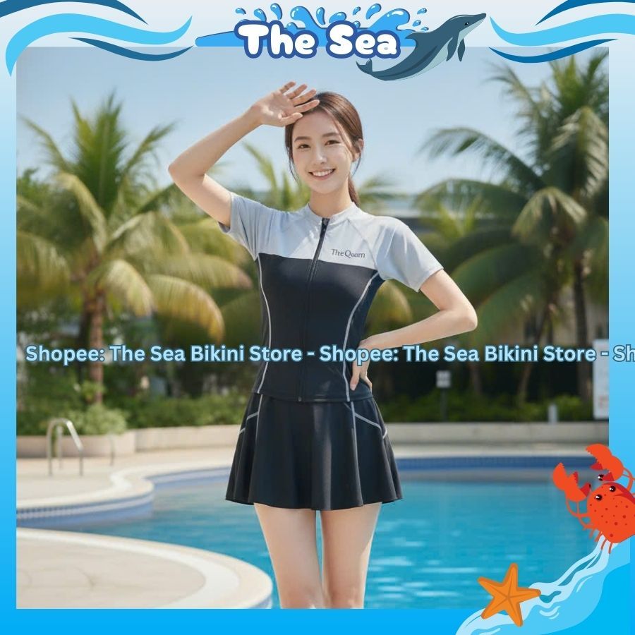 Đồ bơi váy nữ So Cool bikini rời mảnh kín đáo váy viền chỉ đánh bông áo khóa kéo phối màu Hàn Quốc The Sea 054 | BigBuy360 - bigbuy360.vn