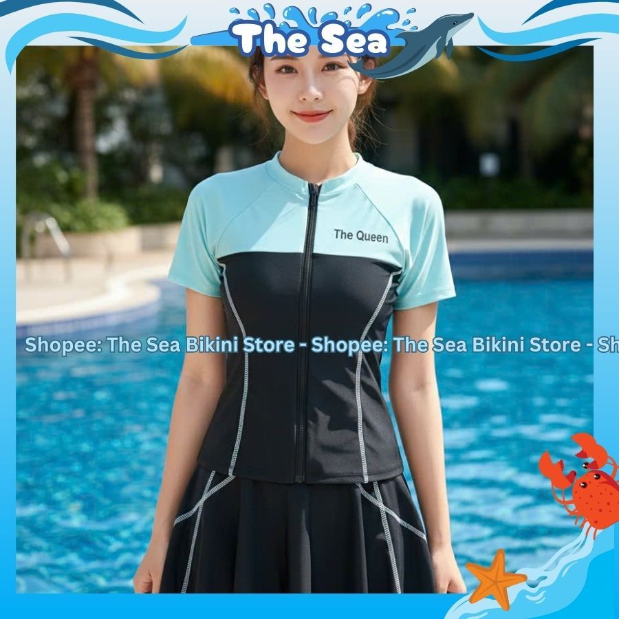 Đồ bơi váy nữ So Cool bikini rời mảnh kín đáo váy viền chỉ đánh bông áo khóa kéo phối màu Hàn Quốc The Sea 054 | BigBuy360 - bigbuy360.vn