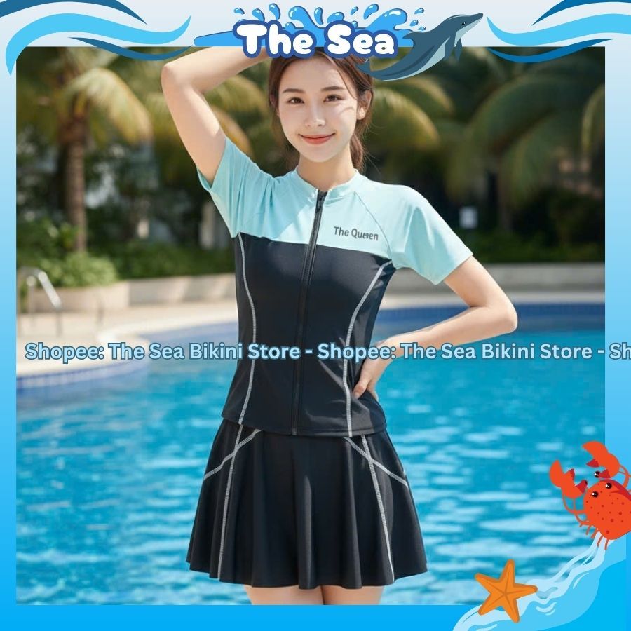 Đồ bơi váy nữ So Cool bikini rời mảnh kín đáo váy viền chỉ đánh bông áo khóa kéo phối màu Hàn Quốc The Sea 054 | BigBuy360 - bigbuy360.vn