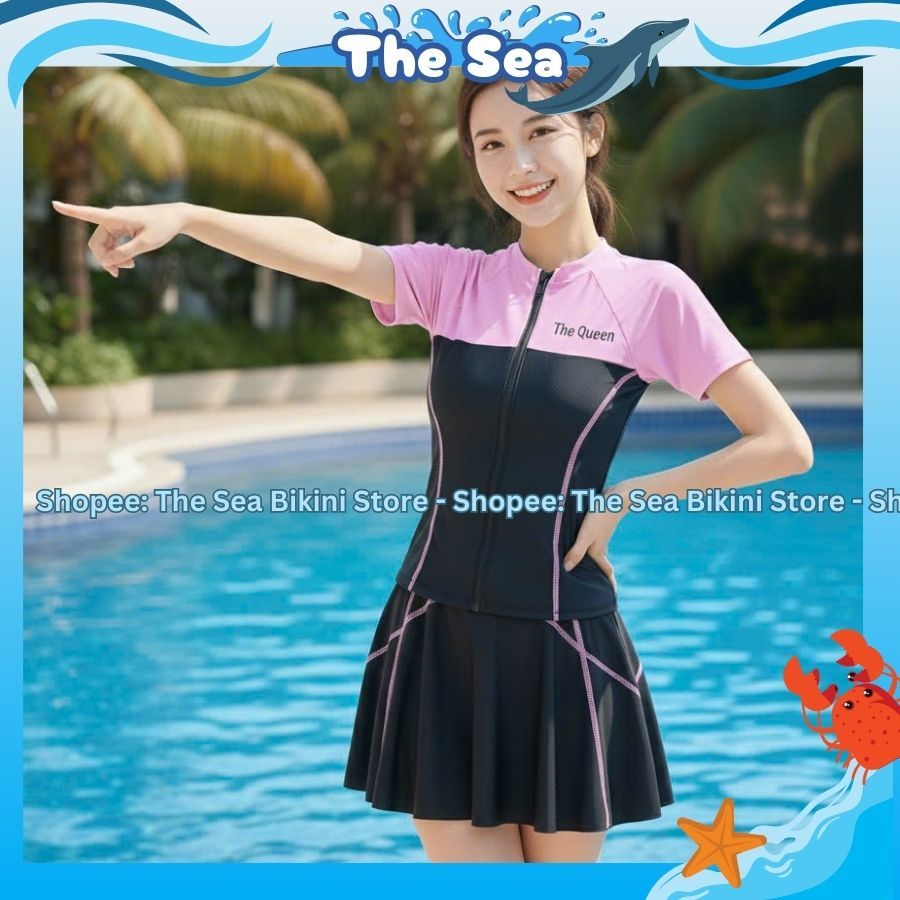 Đồ bơi váy nữ So Cool bikini rời mảnh kín đáo váy viền chỉ đánh bông áo khóa kéo phối màu Hàn Quốc The Sea 054 | BigBuy360 - bigbuy360.vn