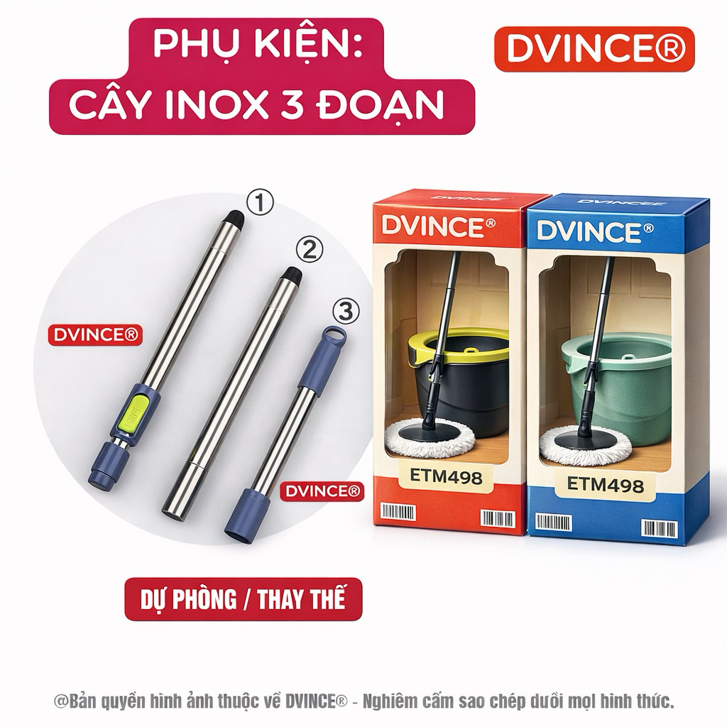 ⚡ PHỤ KIỆN CÂY LAU NHÀ ETM498 - CÂY INOX 3 ĐOẠN ETM498 Iock and Iock. - DVINCE TrueLock