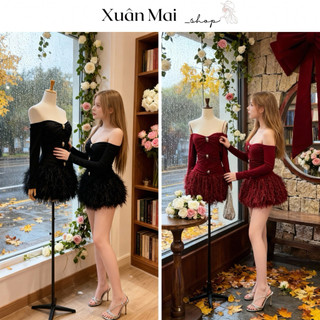 Đầm ôm body nữ kèm quần cúp ống trễ vai đính đính hoa tay dài 3 màu đen đỏ trắng chất lưới mặc Noel, Tết