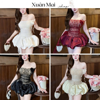 Đầm trễ vai nữ tay dài đính nút form xoè bí  phồng ngắn trên gối mặc đi tiệc đi chơi  Noel Tết xuanmaishop12