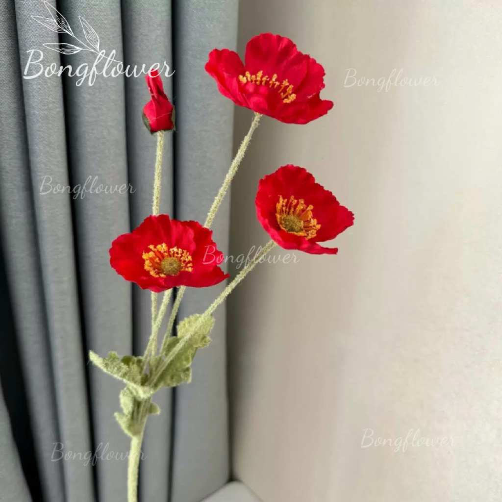 Cành Hoa Anh Túc Đỏ Giả Cao Cấp | Hoa Poppy Giả Trang Trí Cắm Bình, Decor Nhà, Studio, Quán Café