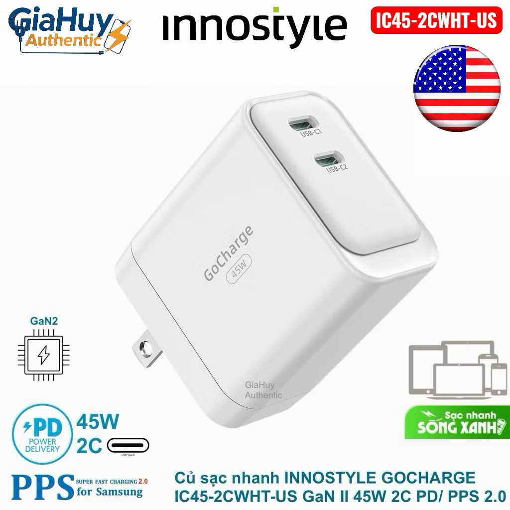 Củ sạc nhanh INNOSTYLE GOCHARGE IC45-2CWHT-US GaN II 45W 2C PD/ PPS 2.0 - BH chính hãng 12 tháng