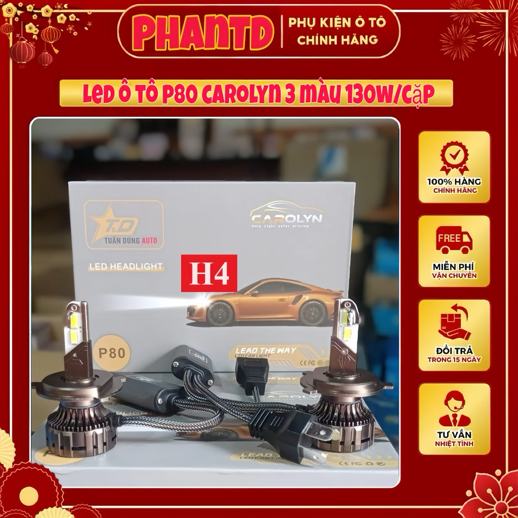 Đèn led ô tô P80 CAROLYN 3 màu 130w/cặp, 65w/bóng, phá mưa sương mù (Bảo hành chính hãng 18 tháng)