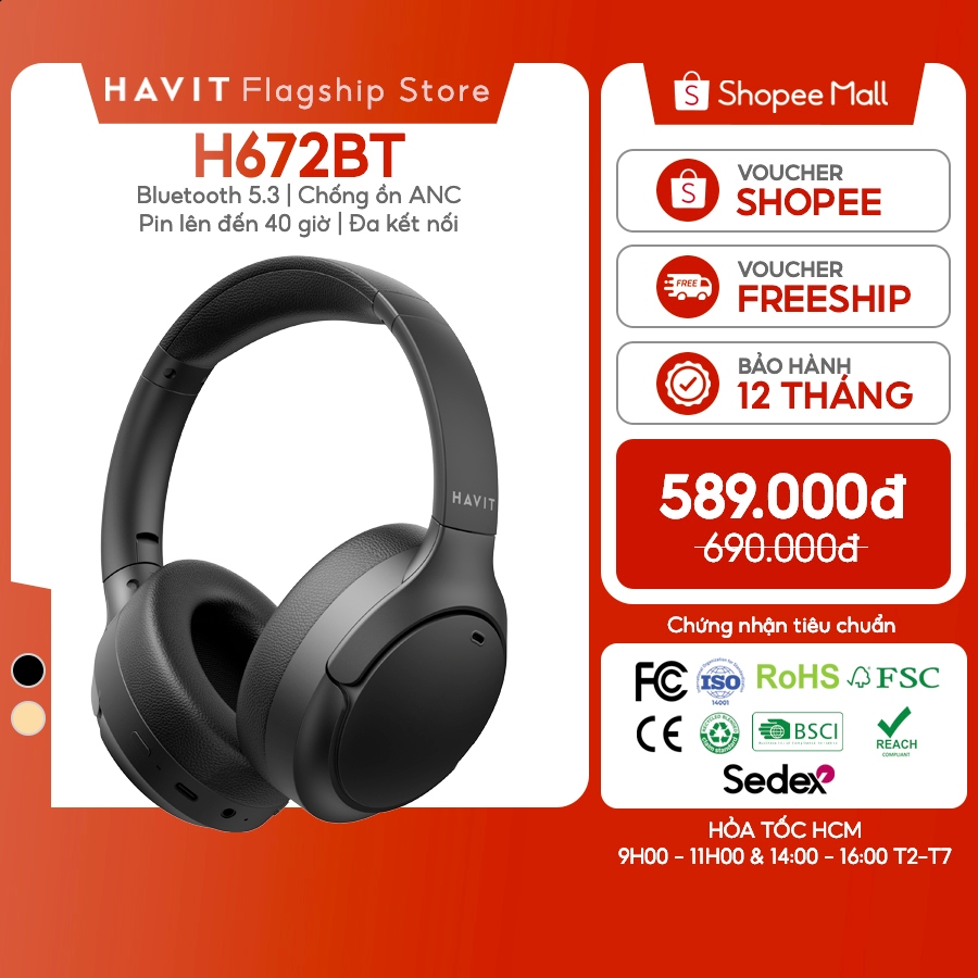 Tai nghe Bluetooth Headphone Havit H672BT Chống Ồn ANC | Kết Nối 2 Thiết Bị | BT 5.3