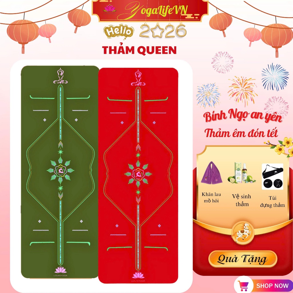Thảm yoga chống trượt cao cấp Louis Yoga chất liệu cao su tự nhiên có đường định tuyến Queen