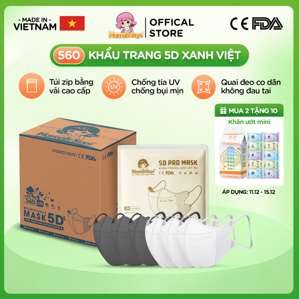 [Bản Mới] Khẩu Trang 5D Xanh Việt 560 Chiếc Khẩu Trang 5d Chống Nắng, Chống Tia UV, Khẩu Trang Kháng