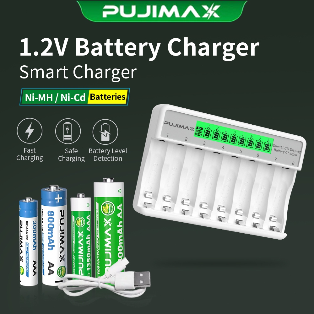 Pujimax Bộ sạc pin AA,AAA 8khe 1.2V Ni-MH Màn hình LCD Có thể sạc pin niken-hydro sạc lại được 1.2V 