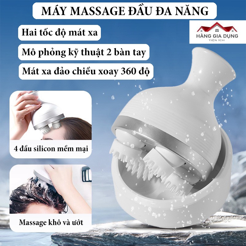 Máy Massage Đầu Cầm Tay 4 Chân Silicon 2 Tốc Độ - Máy Massage Đầu Dưỡng Sinh Mát Xa Đảo Chiều Xoay 360 Độ