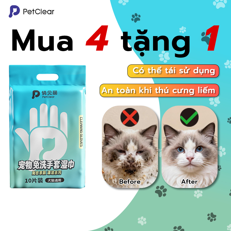 【Mua 4 Tặng 1】Găng Tay Tắm Khô Petclear – Làm Sạch Nhanh, Khử Mùi Hiệu Quả, Dưỡng Lông, 10 Miếng Tiện Lợi Cho Chó Mèo