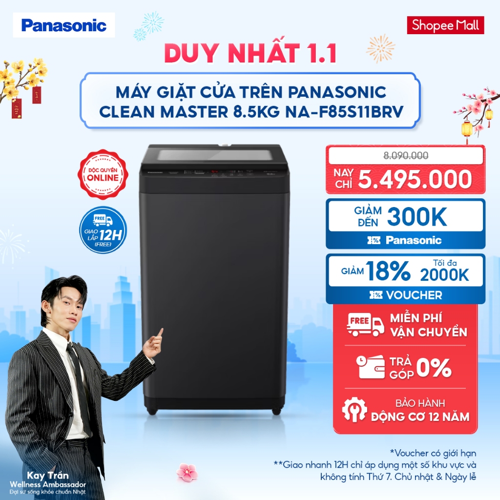   NHẬP ELPN2TQ GIẢM 18% TỐI ĐA 2000K  Máy Giặt Cửa Trên Panasonic CLEAN MASTER 8.5KG NA-F85S11BRV - Bảo Hành 2 Năm 
