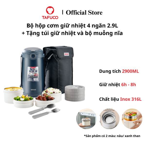 Bộ hộp cơm giữ nhiệt TAFUCO  2.9L Inox 316L + tặng kèm set muỗng nĩa, túi giữ nhiệt