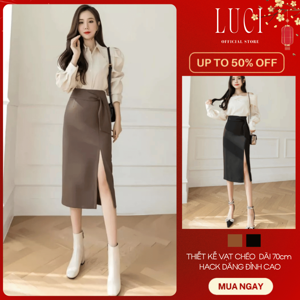 Chân váy dài xẻ tà 70cm Chân váy xẻ tà dáng dài vạt chéo, vải mềm thoáng mát, khóa sau lưng CV039