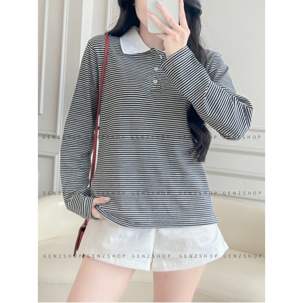Áo Thun Polo Nữ Dài Tay  Kẻ Sọc Nhí Hottrend Phong Cách Hàn quốc - BSTGenz26 | BigBuy360 - bigbuy360.vn