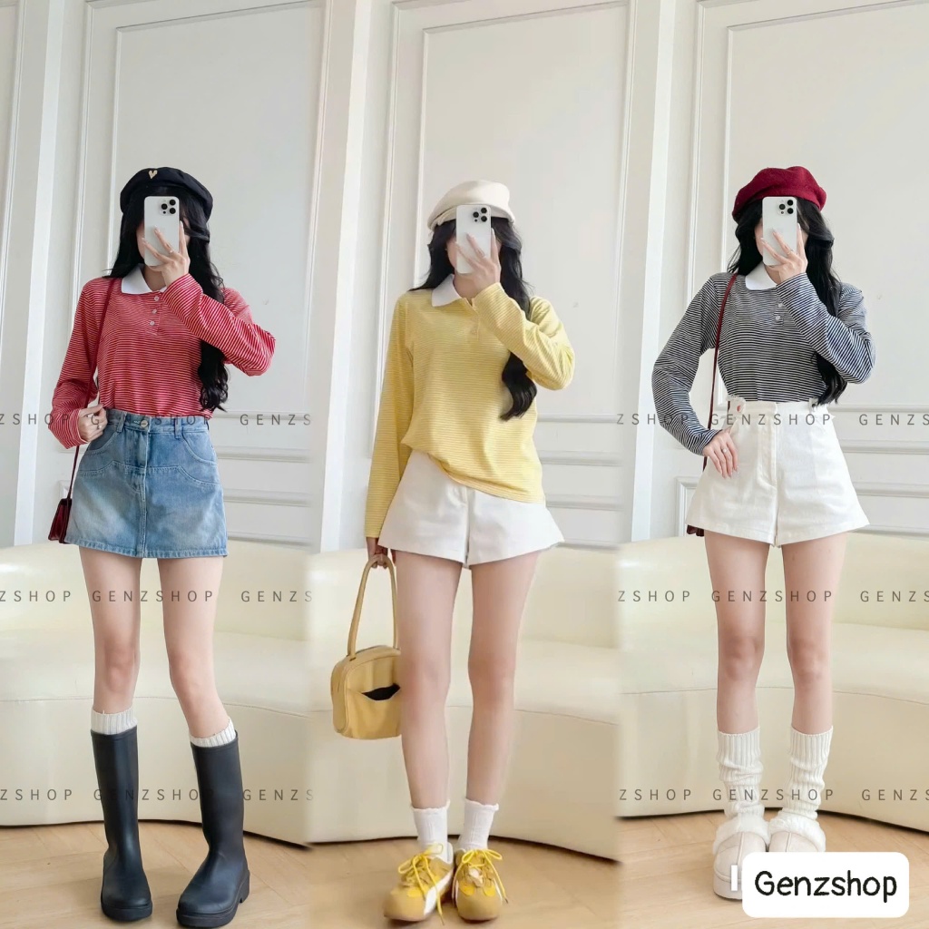 Áo Thun Polo Nữ Dài Tay  Kẻ Sọc Nhí Hottrend Phong Cách Hàn quốc - BSTGenz26 | BigBuy360 - bigbuy360.vn