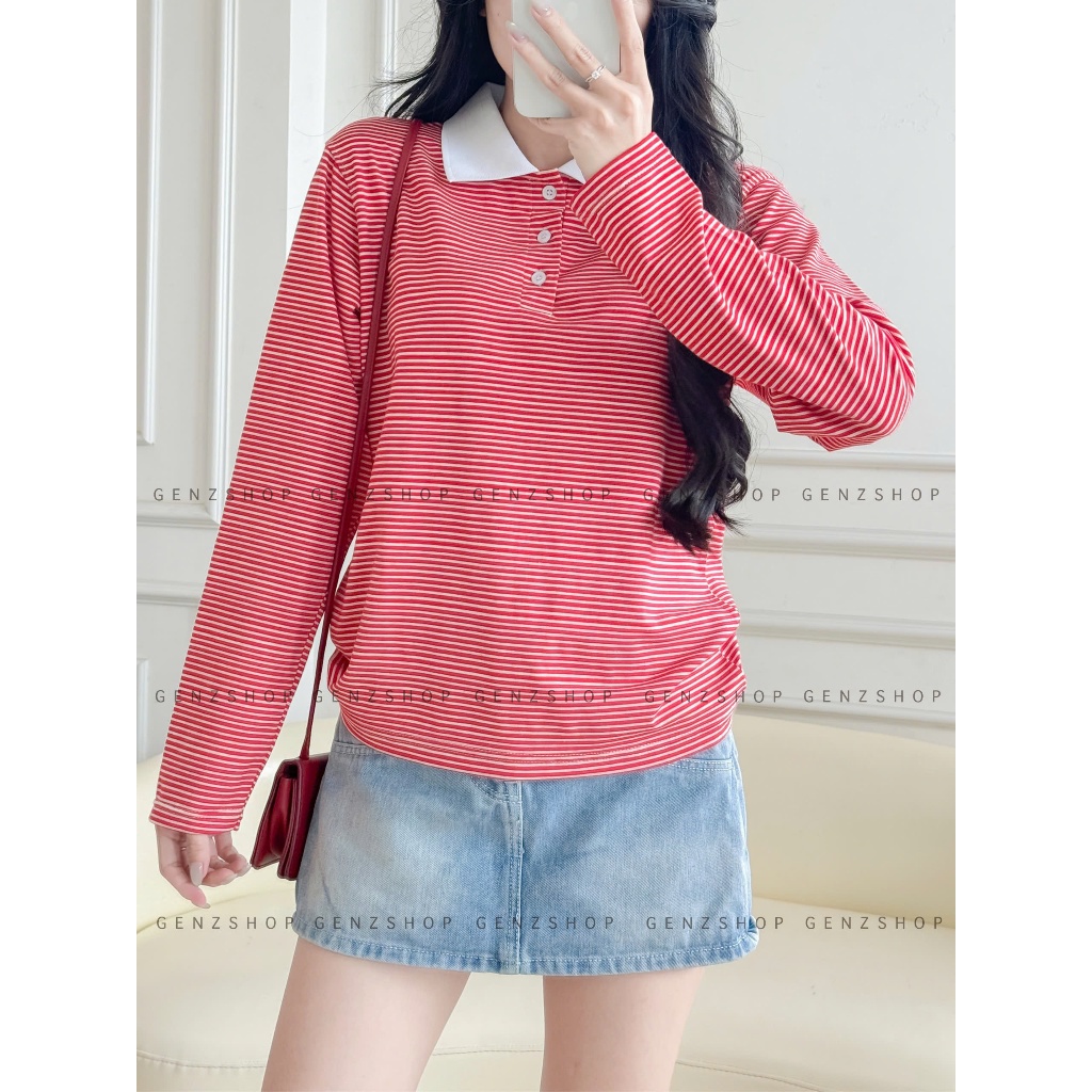 Áo Thun Polo Nữ Dài Tay  Kẻ Sọc Nhí Hottrend Phong Cách Hàn quốc - BSTGenz26 | BigBuy360 - bigbuy360.vn
