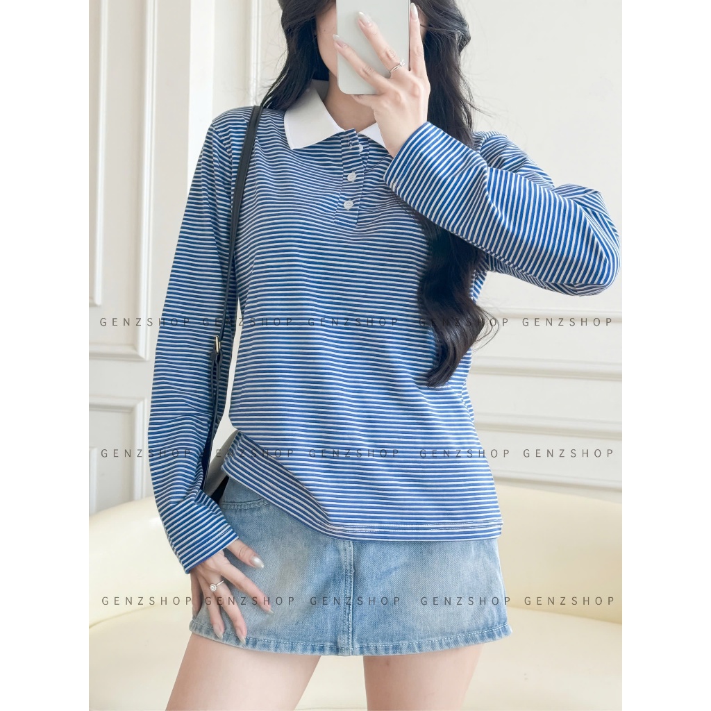 Áo Thun Polo Nữ Dài Tay  Kẻ Sọc Nhí Hottrend Phong Cách Hàn quốc - BSTGenz26 | BigBuy360 - bigbuy360.vn