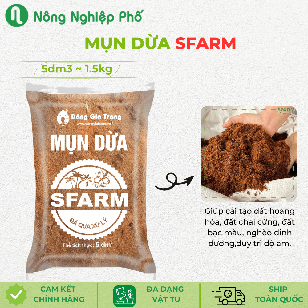 Giá thể mụn dừa SFARM đã qua xử lí mầm bệnh trồng rau, hoa màu, cây ăn trái- Túi 5dm3 ~ 1.5kg - Nông Nghiệp Phố
