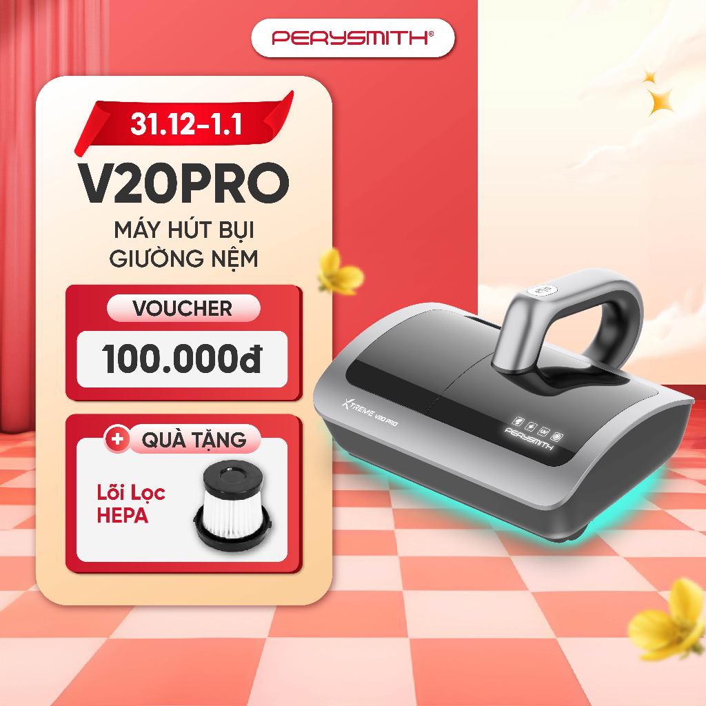 Máy Hút Bụi Giường Nệm PerySmith V20Pro, Không Dây, Gọn Nhẹ, Diệt Khuẩn, Hút Bụi Mịn, Có Đèn UV