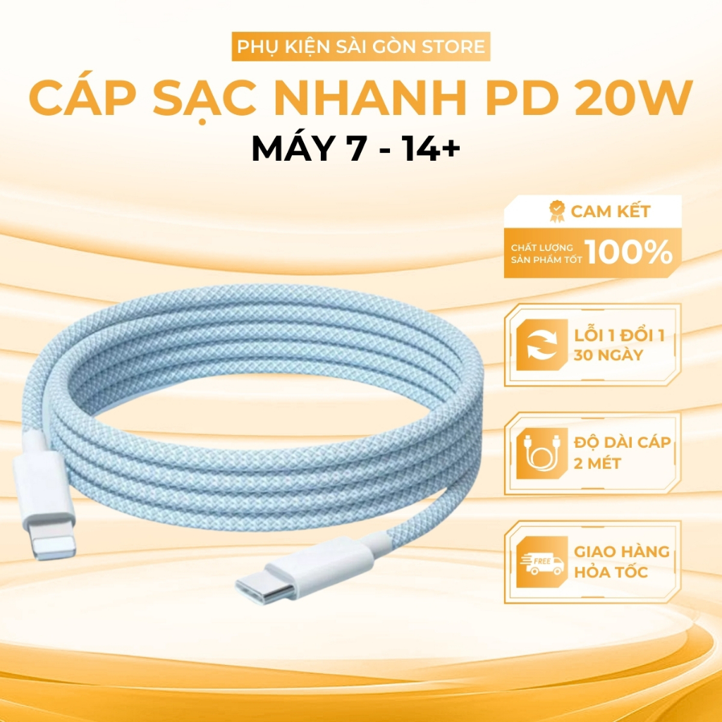 (Dài 2m)Cáp Sạc Nhanh PD 20w Dài 2m Cáp Bọc Dù Chống Đứt Gãy Sử Dụng Cho Điện Thoại 7->14++