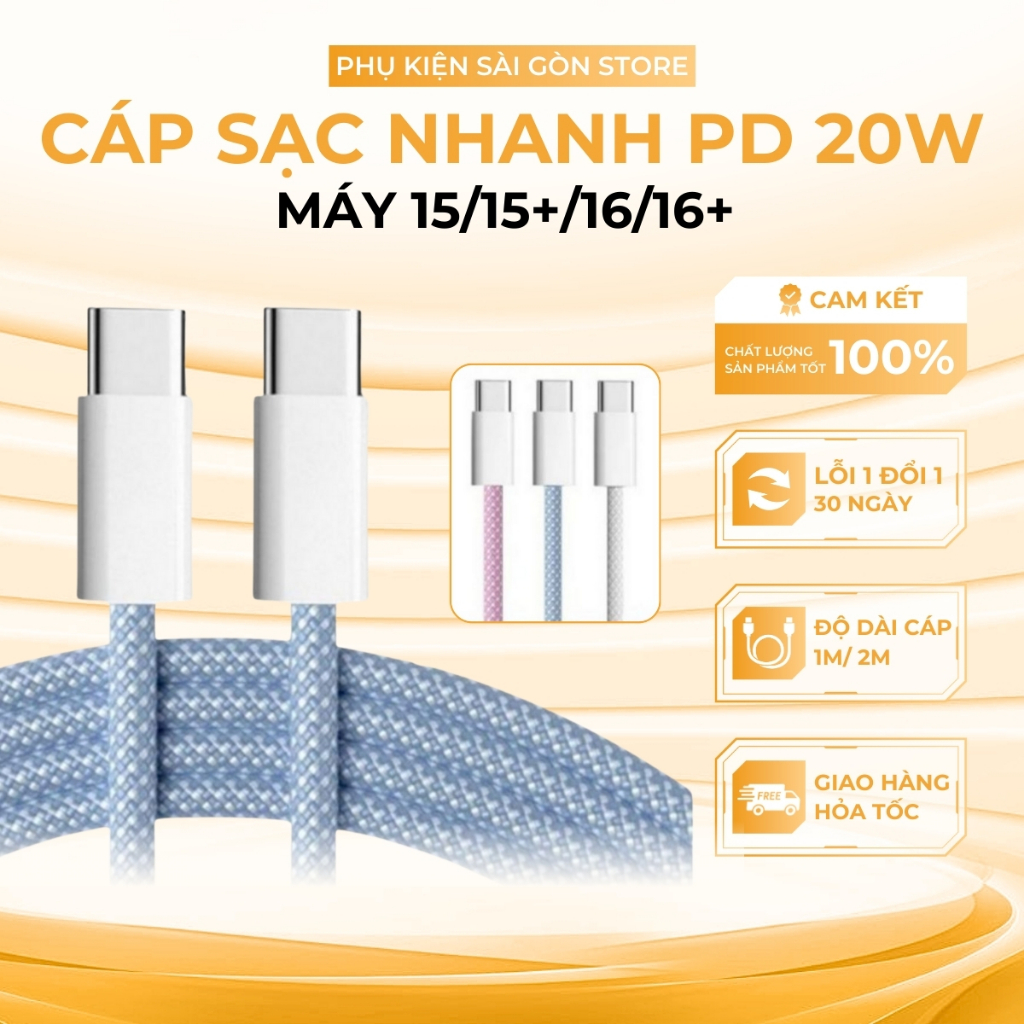(Dài 2m)Dây Sạc Nhanh Bọc Dù Type C to Type C 20W, 60W Dành cho điện thoại 15/115+/16/16++