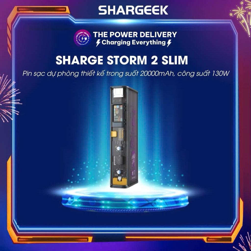 Pin sạc dự phòng trong suốt xuyên thấu SHARGE Storm 2 Slim 130w 20000mah 1C1A siêu nhỏ gọn với màn h