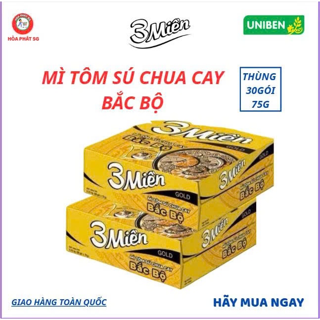 Thùng 30 Gói -  Mì 3 Miền Gold Tôm Sú Chua Cay Bắc Bộ 75g - Mì 3 Miền Gold Chua Cay - Mì tôm 3 Miền