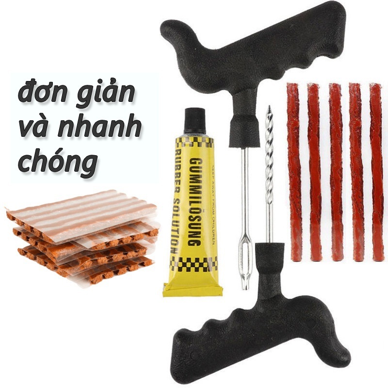 Bộ Dụng Cụ Vá Lốp Xe Không Xăm –Dụng Cho Xe Hơi Xe Ô Tô Xe Máy, Vá Lụi, Vá Rút Bánh Không Săm Khẩn Cấp 8 miếng