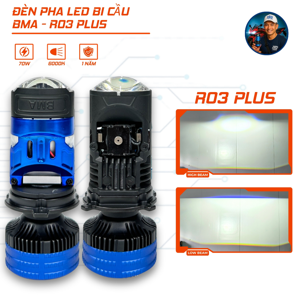 Đèn Pha Bi Cầu R03 Plus BMA - 70W Siêu Sáng - Tích Hợp Pha Màn Chập Kèm Tâm Pha Laser Cực Rộng Lắp O