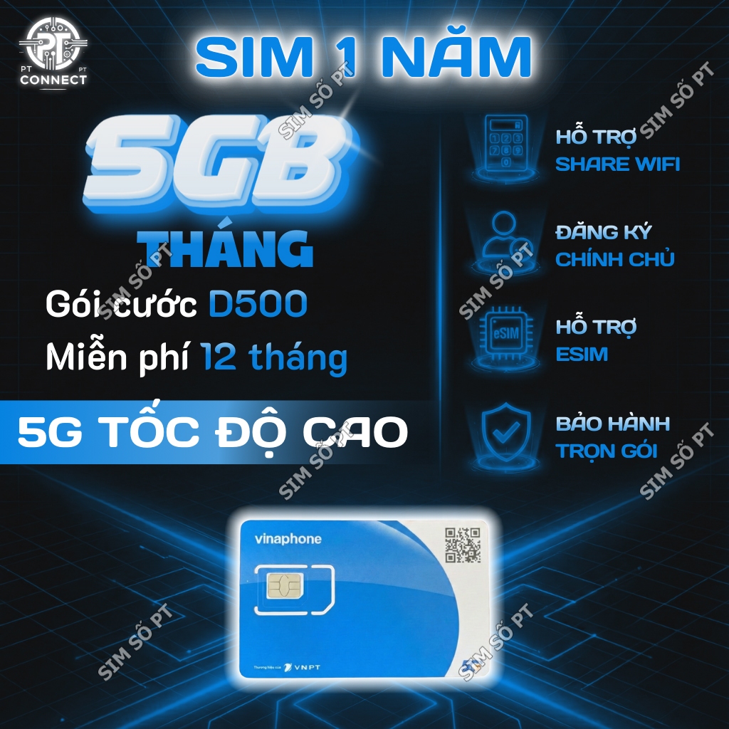 Sim 4G/5G Vinaphone D500 Trọn Gói 1 Năm 5GB/Tháng – Hỗ Trợ eSIM – Data Tốc Độ Cao Giá Rẻ