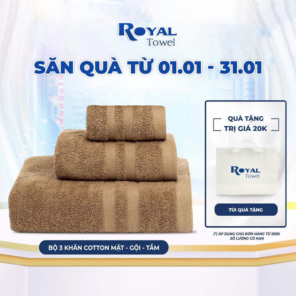 Combo 3 "Tiện Lợi" gồm 1 khăn tắm-1 khăn gội-1 khăn mặt ROYAL TOWEL 100% cotton dày thấm hút, không đổ lông không ra màu