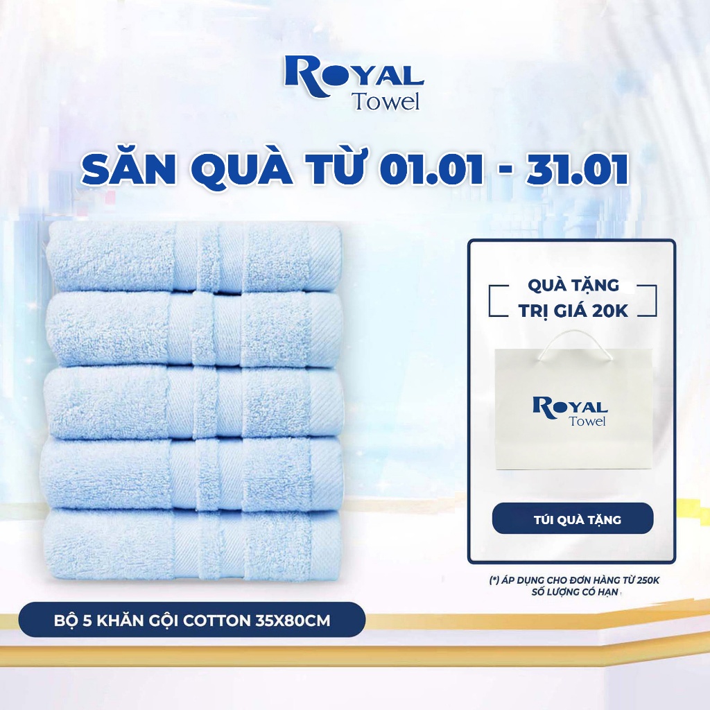 Bộ 5 Khăn Gội 35x80cm Royal Towel 100% Cotton Mềm Mại, Thấm Hút, Kháng Khuẩn