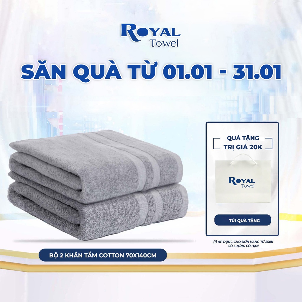 Bộ 2 khăn tắm to 70x140cm ROYAL TOWEL 100% cotton mềm mịn, thấm hút, bông dày dùng cho spa khách sạn gia đình