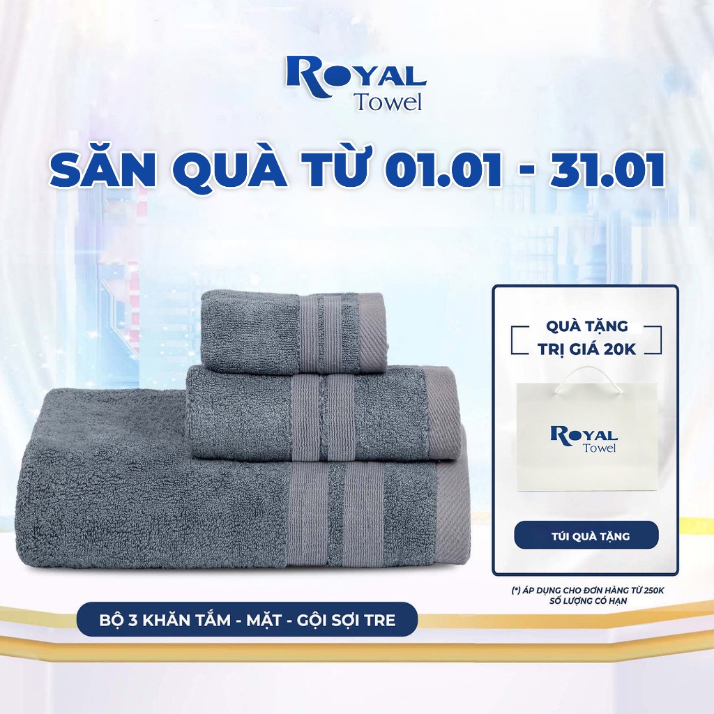 Bộ 3 Khăn Tắm Gội Mặt Sợi Tre ROYAL TOWEL Mềm Mịn, Siêu Thấm Hút, Không Đổ Lông