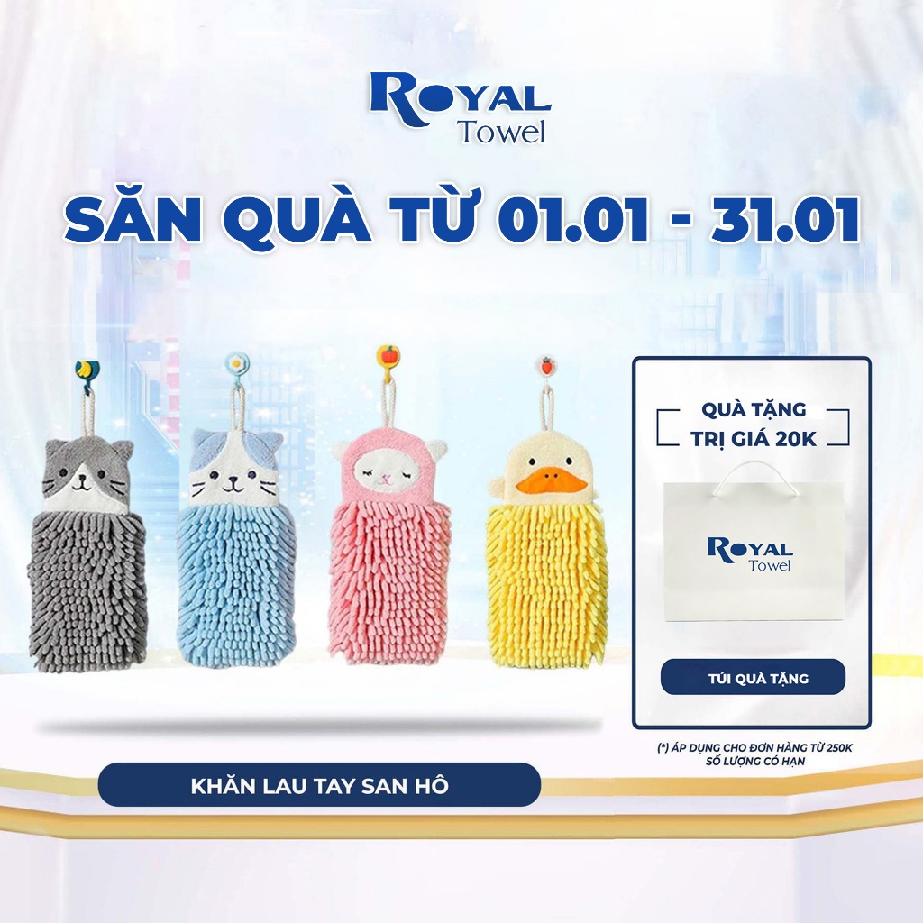 Khăn Lau Tay Nhà Bếp Treo Tường Phòng Tắm Royal Towel Dệt San Hô Thấm Hút Nhanh, Hình Thú Dễ Thương, Tiện Dụng
