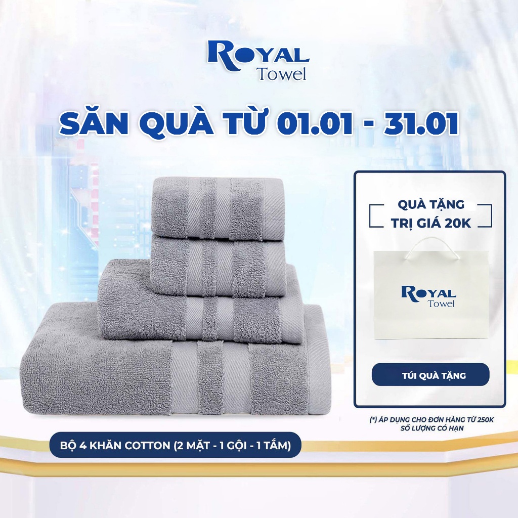 Combo 4 "Đủ Đầy" Gồm 2 Khăn Mặt - 1 Khăn Gội- 1 Khăn Tắm ROYAL TOWEL 100% Cotton Thấm Hút, Không Đổ Lông, Không Phai Màu