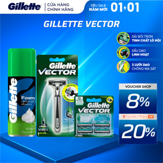  Combo Dao Cạo Râu GILLETTE Vector 1UP Hộp 1 Cái + Lưỡi Dao Vector Hộp 4 Lưỡi+ Bọt Cạo Râu Gillette Hương Chanh Chai 175g 