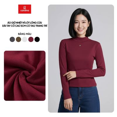 Áo giữ nhiệt nữ CARDINA chất liệu nỉ lông cừu dài tay cổ cao 5cm có tag trang trí ngực 5AHF10