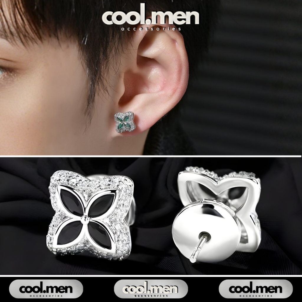 Hoa Tai Nam Nữ Họa Tiết Cánh Hoa Vuông Đính Đá Titan Không Gỉ, Khuyên Tai Unisex Dạng Đinh Gọn Nhẹ P