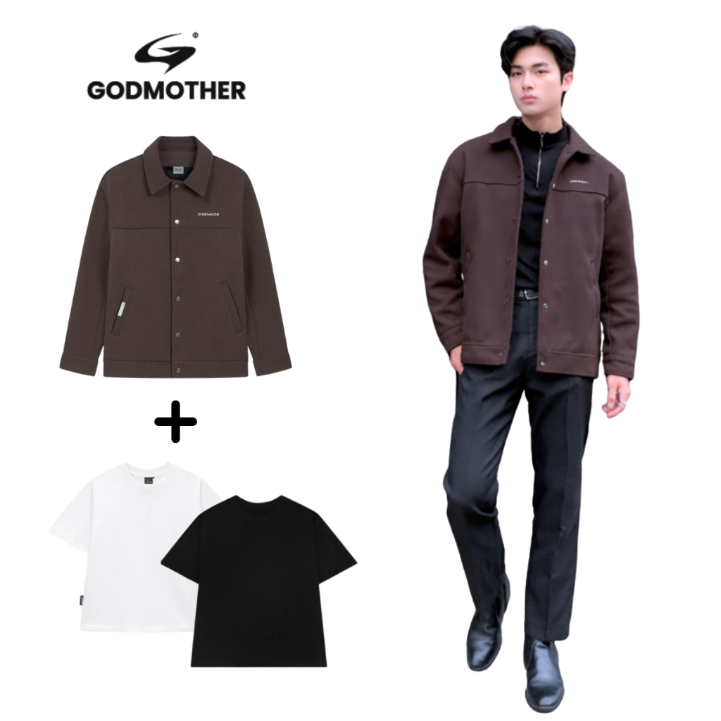 Áo Khoác Dạ GODMOTHER Cúc Bấm Tag Kim Loại Godmother, Áo Khoác Nam Chất Liệu Dạ Ép Cao Cấp