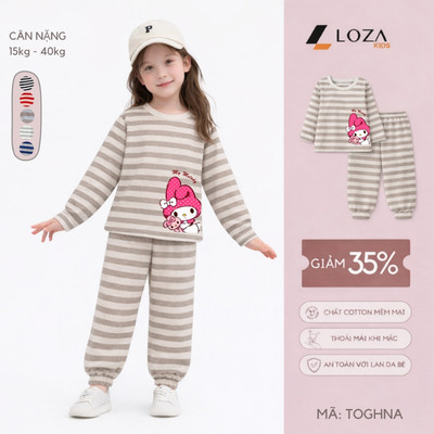 Bộ thu đông kẻ bé gái in Melody - Bộ quần áo dài tay cho bé gái cân nặng từ 15-43kg - Loza Kids TK571-572