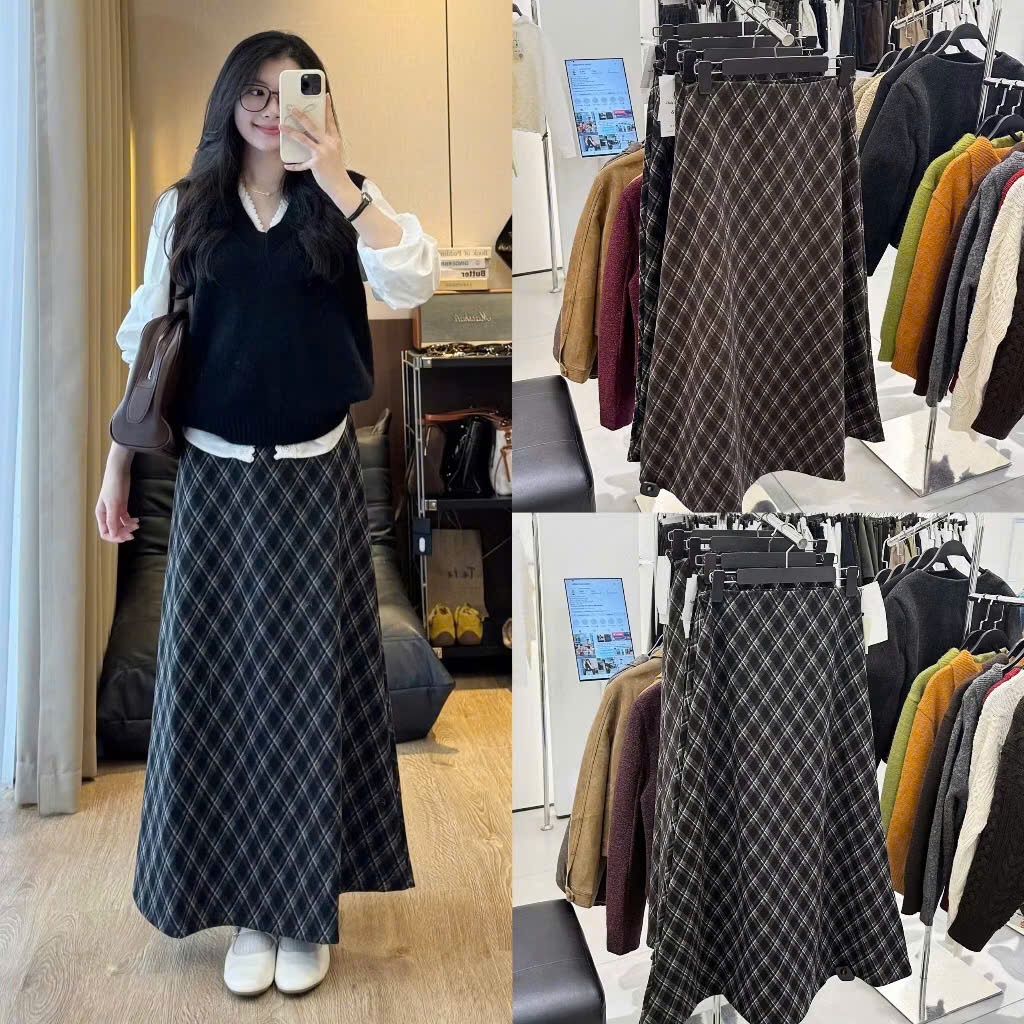 Chân Váy Dạ Kẻ Caro Dáng Dài Chữ A Cạp Chun Vintage, Labibi