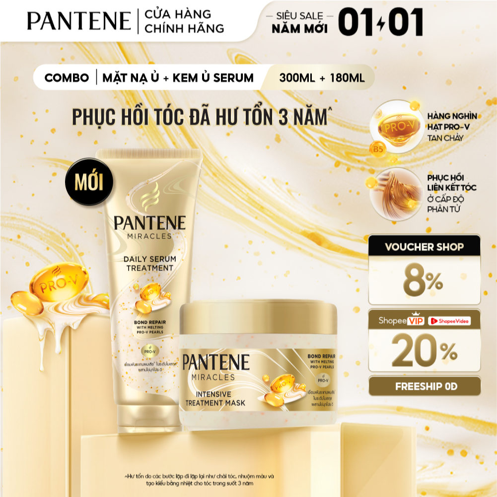  Combo 2 Kem Ủ Tóc Serum & Mặt Nạ Ủ Tóc Chuyên Sâu PANTENE Miracles Phục hồi liên kết tóc - Tuýp 180ML & Hộp 300ML 