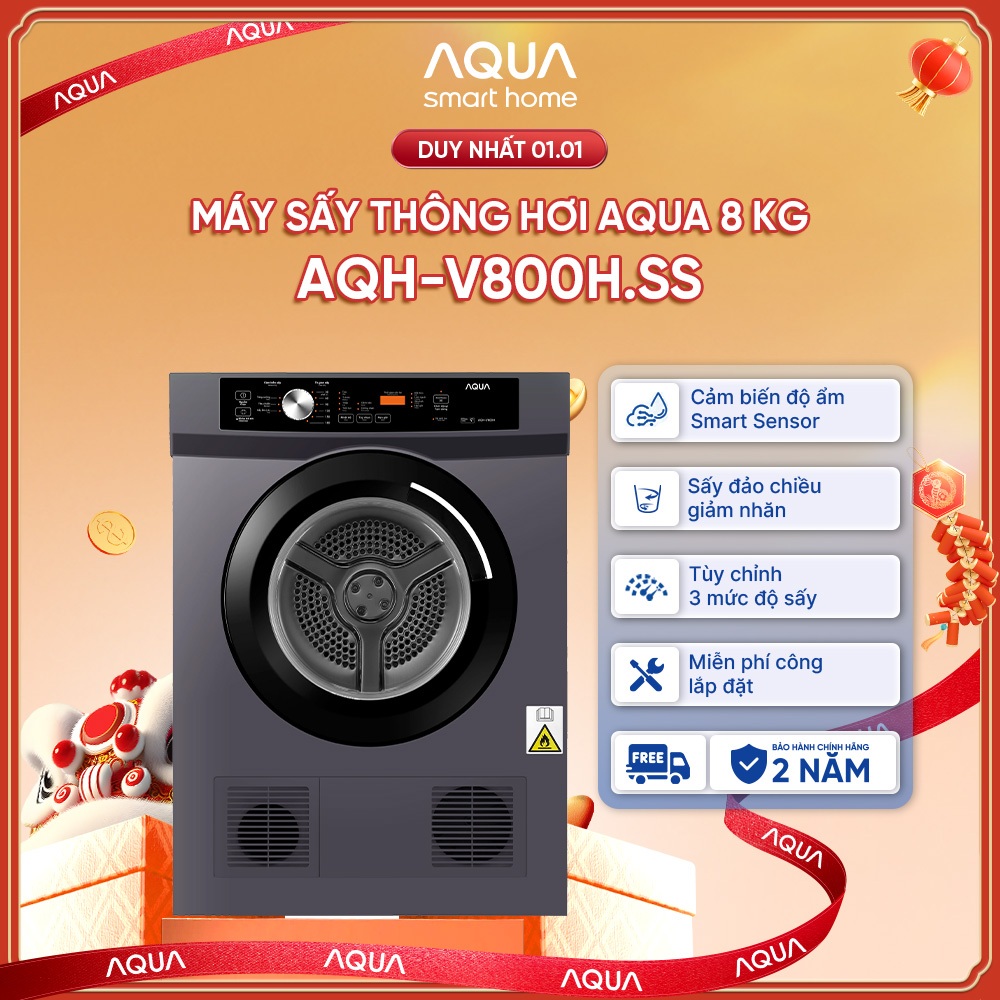 Máy sấy thông hơi Aqua 8KG AQH-V800H.SS - Bảo hành tận nhà - Freeship toàn quốc - Giao sau 5 - 7 ngày