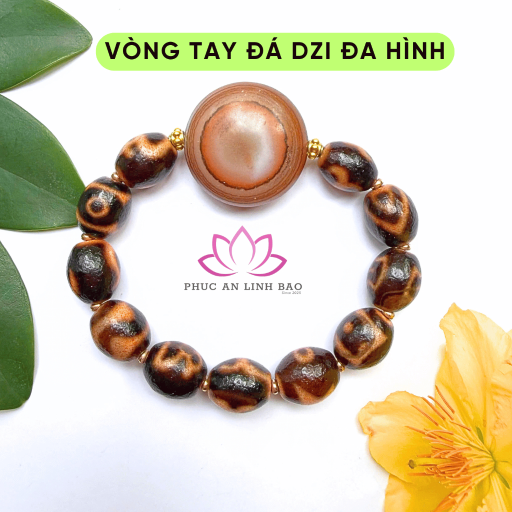 Vòng Tay Đá Dzi Đa Hình 11.5Li Phối Mắt Dê - Phúc An Linh Bảo - Năng Lượng Thấu Suốt Và Bình An