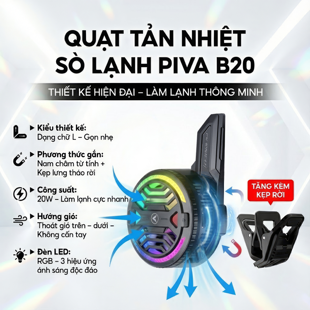 Piva B20 BL7 Quạt tản nhiệt sò lạnh dạng chữ L dành cho điện thoại - Công suất cao 20W làm lạnh cực 