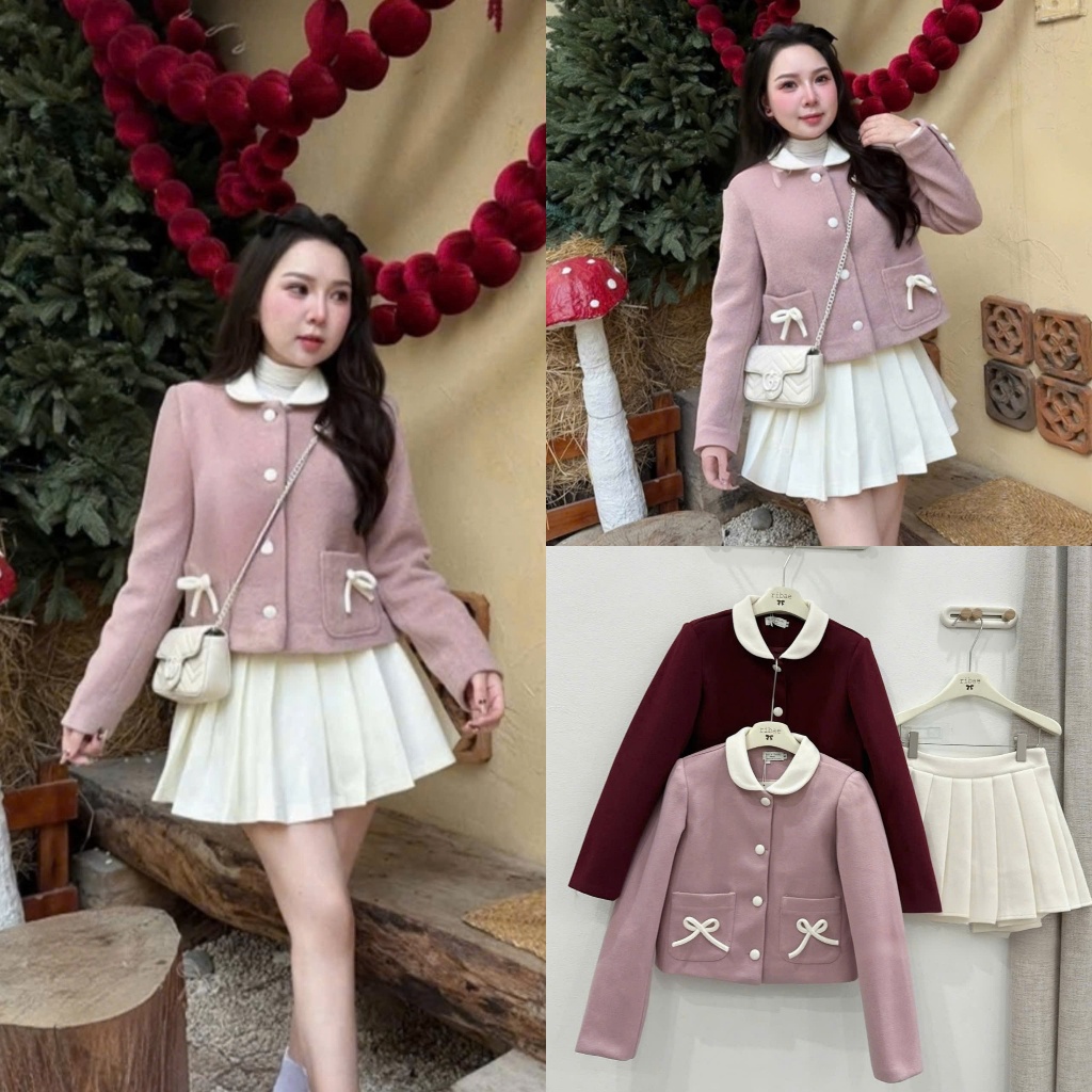 (Hàng Loại 1): Set Dạ Lì Cổ Sen Kem Cúc Bọc Túi Dây Nơ Mix Chân Váy Xếp Ly Xoè 2 Màu Tiểu Thư-Ảnh Th