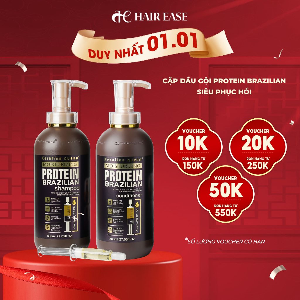 Cặp dầu gội xả Protein Brazilian siêu mềm mượt, dưỡng tóc bóng khỏe với vitamin B3,B5,B6,Argan Oil,C